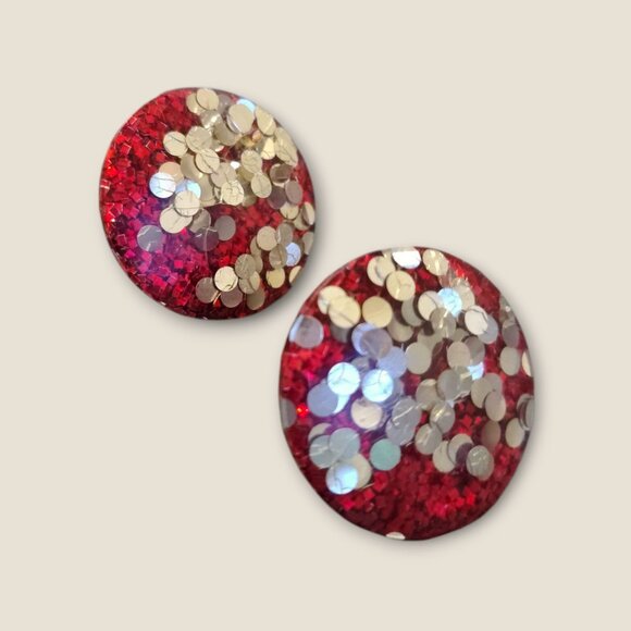 Vintage Red Lucite Confetti Clip-On Earrings Round Retro Style - Picture 3 of 4